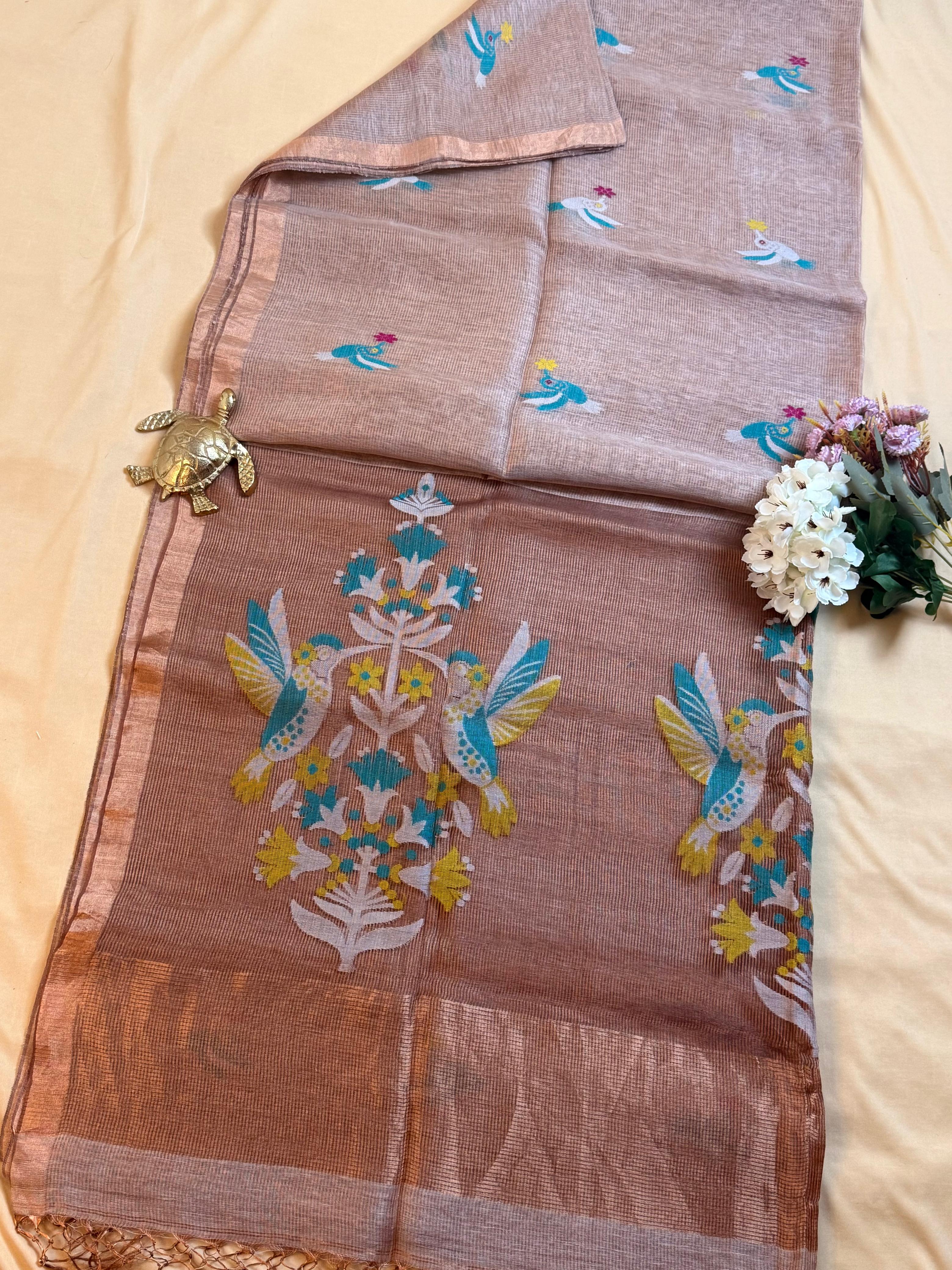 Handloom Silk Tissue Linen Saree with Silk Muslin Pallu