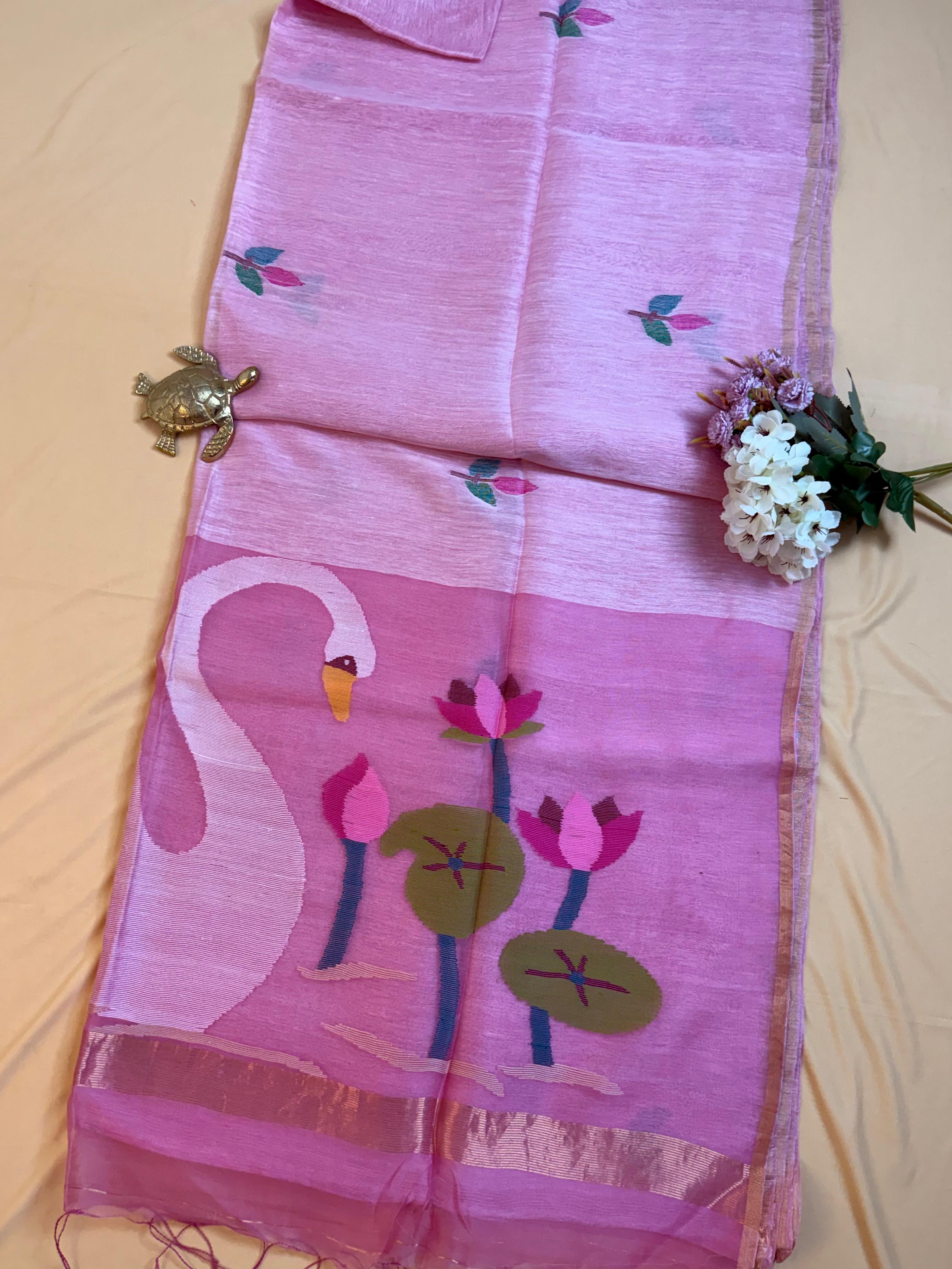 Handloom Silk Linen Saree with Ethereal Silk Muslin Pallu