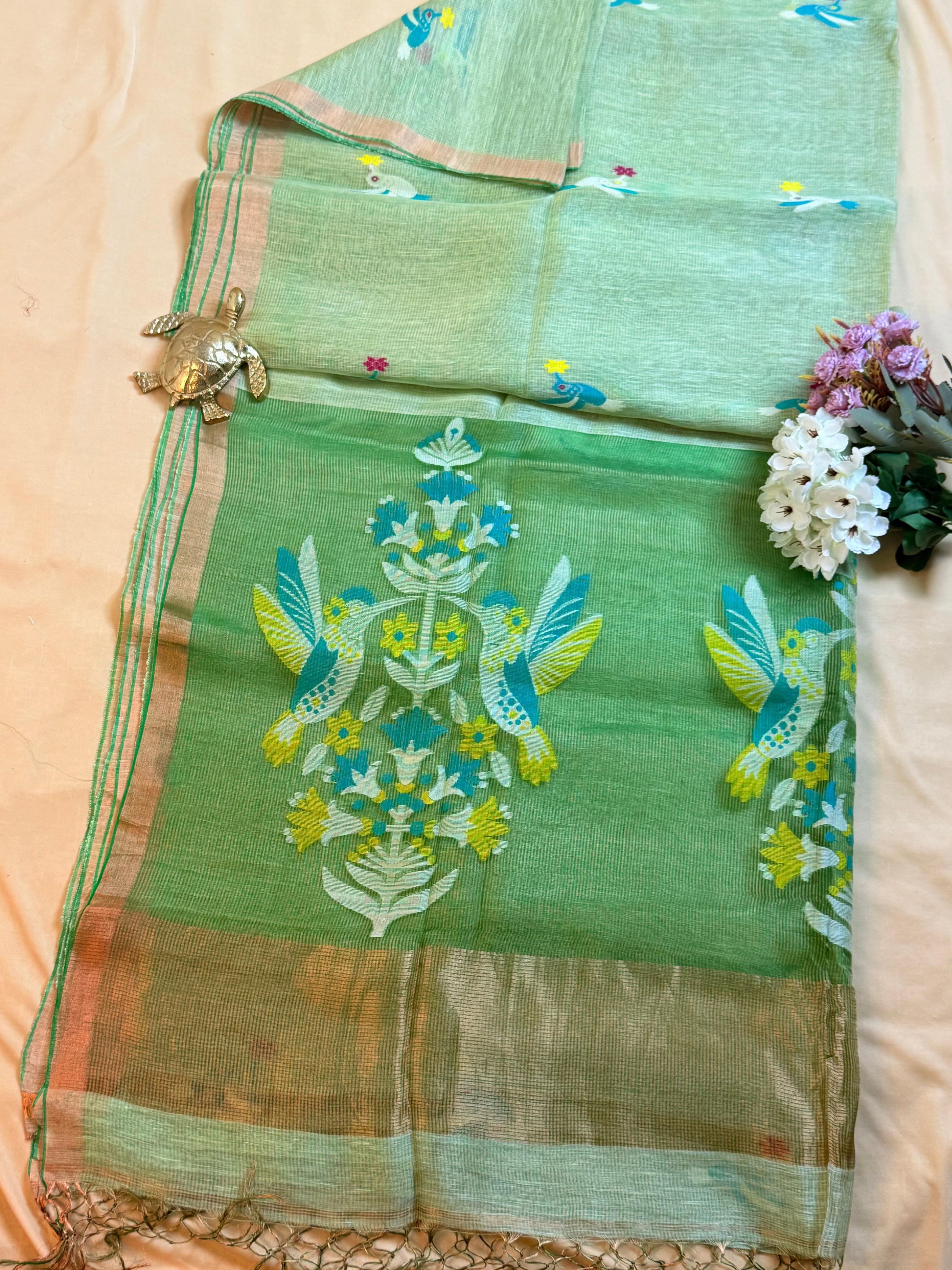 Handloom Silk Tissue Linen Saree with Silk Muslin Pallu