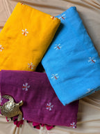 Hand-Embellished Khadi Cotton Saree with Floral Artistry