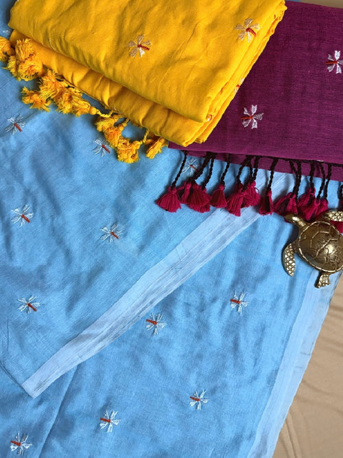 Hand-Embellished Khadi Cotton Saree with Floral Artistry