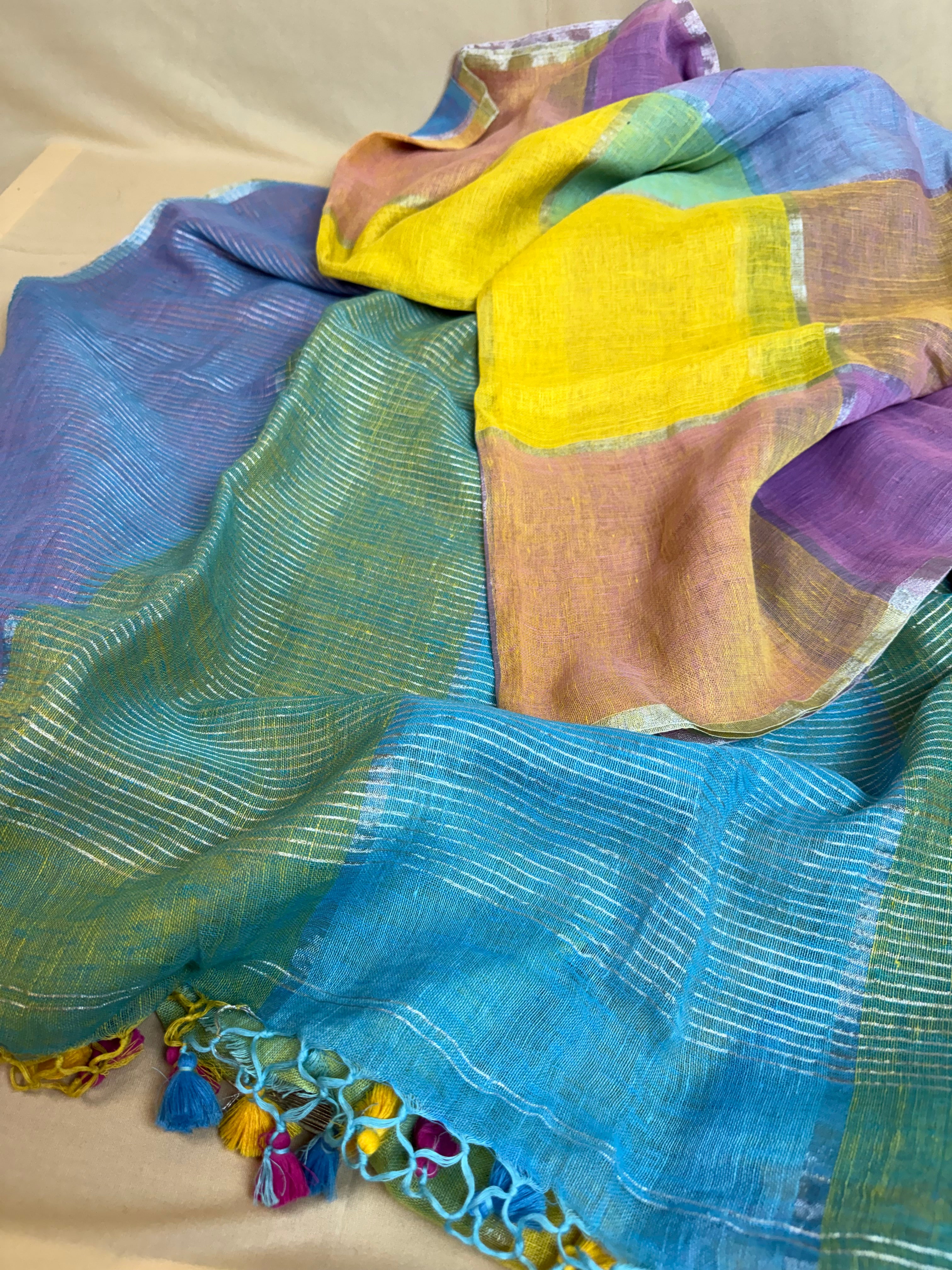 Multicolour Jayashree Linen Saree with Subtle Zari Glow