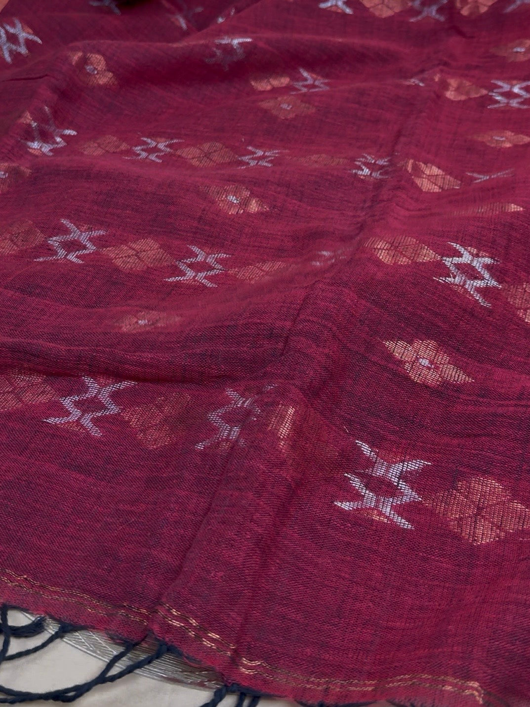 Red & Black Linen-Cotton Saree with Jamdani Artistry