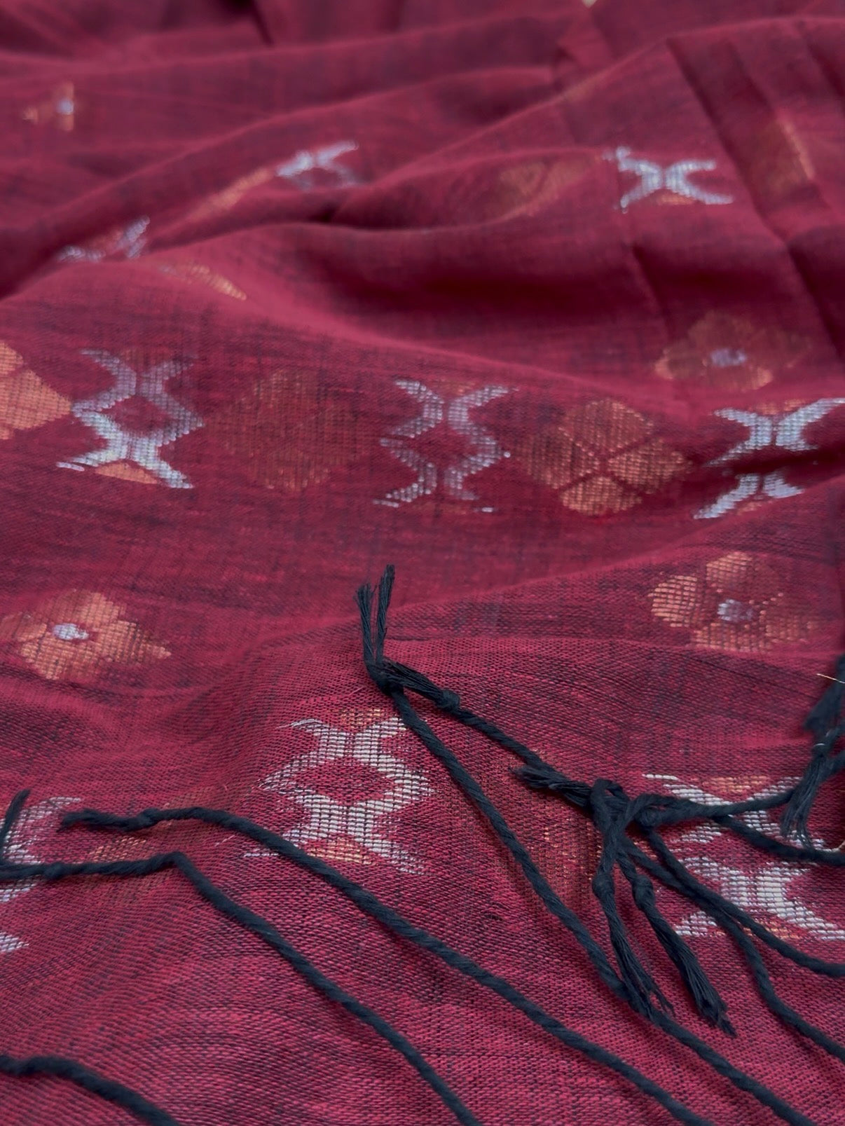 Red & Black Linen-Cotton Saree with Jamdani Artistry